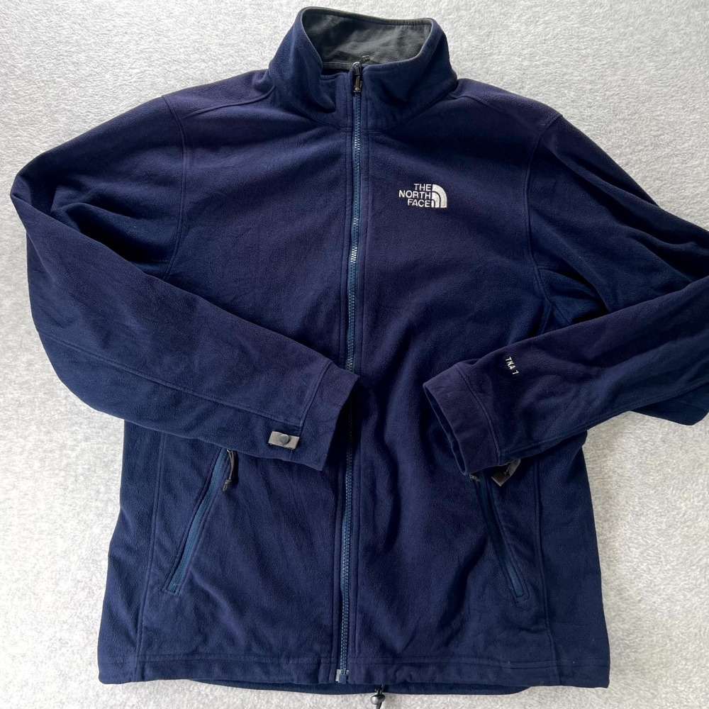 The North Face Fleece Jacket Mens Medium Navy Blue Logo Full Zip Gorp -Damage